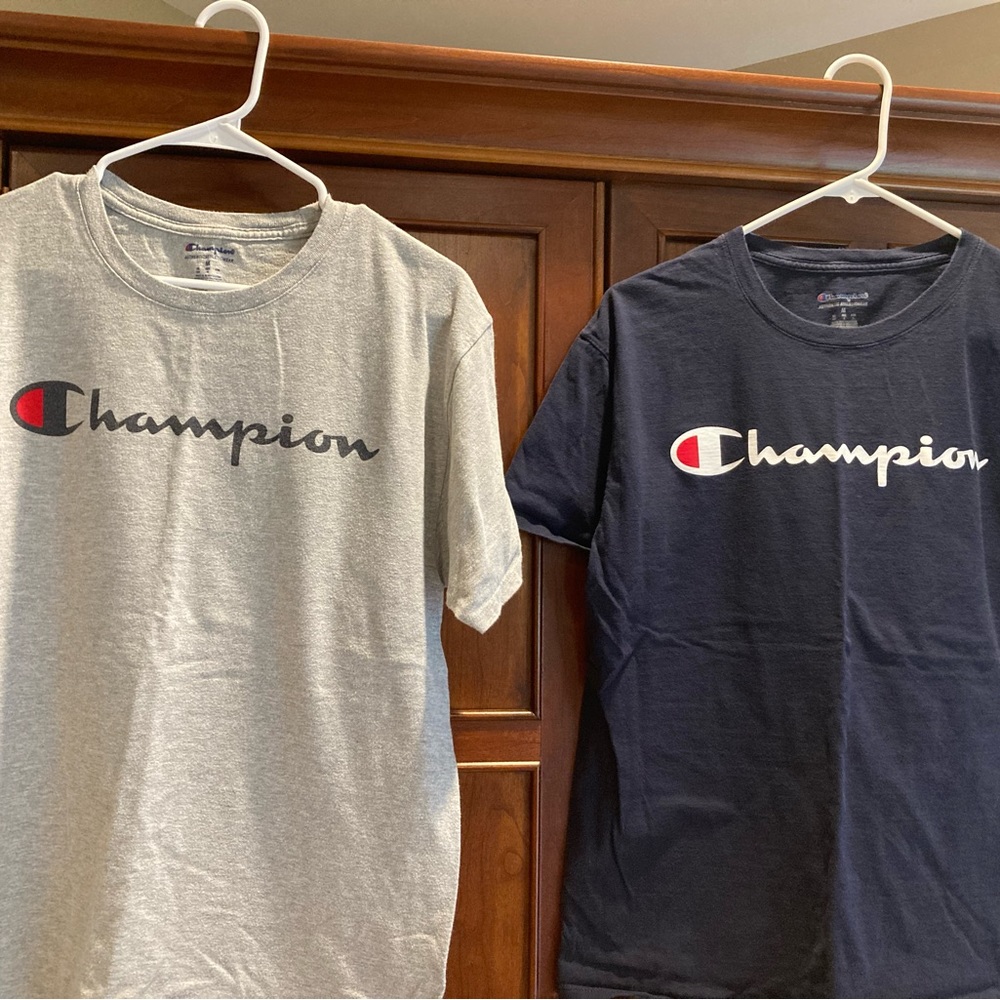 Champion men’s shirt sleeve shirts, size medium, navy blue and grey